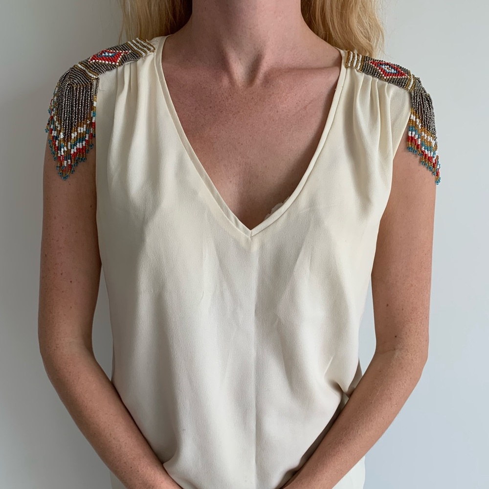 French v neck with beaded shoulders